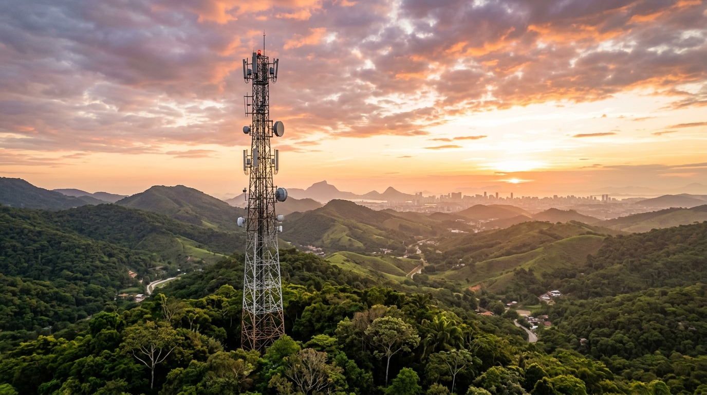 Torre di telecomunicazioni tra le colline tropicali del Brasile al tramonto, immagine sull'uscita di IHS Towers dall'America Latina