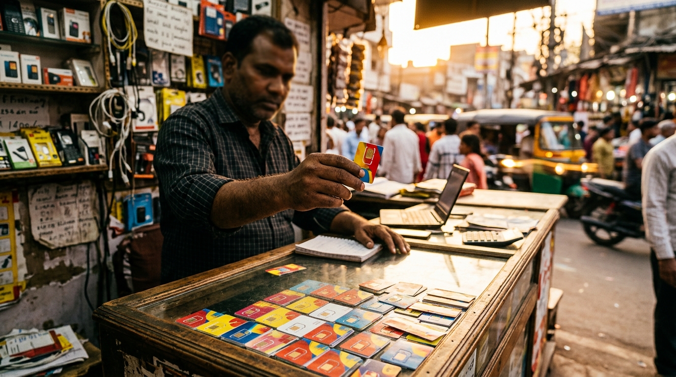 Banco di un negozio indiano pieno di SIM card colorate con il negoziante che ne mostra una, immagine sul limite di 9 SIM per persona in India