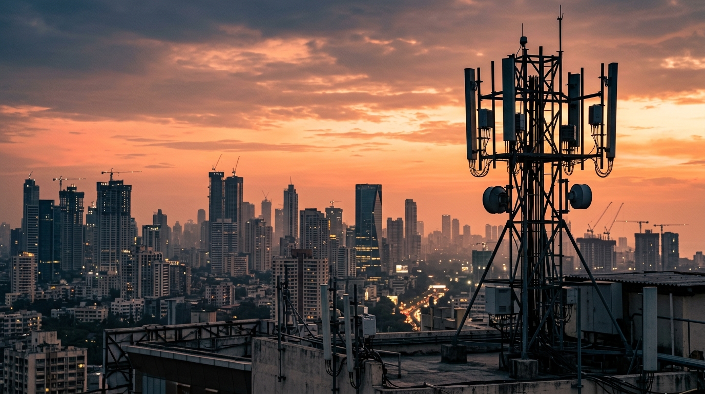 Stazione radio base su un tetto con lo skyline di Mumbai al tramonto: l'IPO di Jio Platforms sarà la più grande della storia indiana
