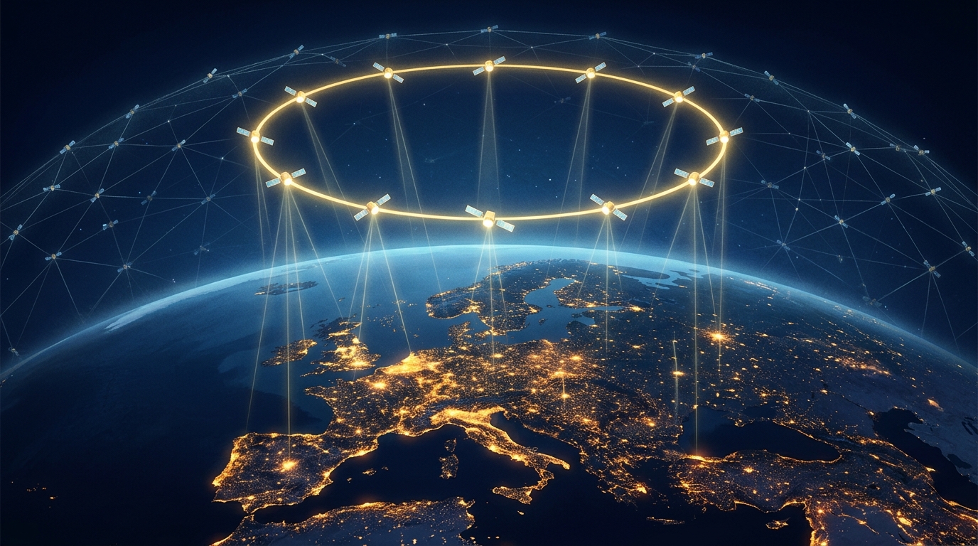 Dodici satelliti dorati disposti in cerchio come le stelle della bandiera UE sopra l'Europa notturna: la costellazione IRIS² cresce a 348 satelliti