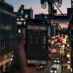 Smartphone con Network Signal Guru che mostra le metriche 5G NSA davanti a una BTS