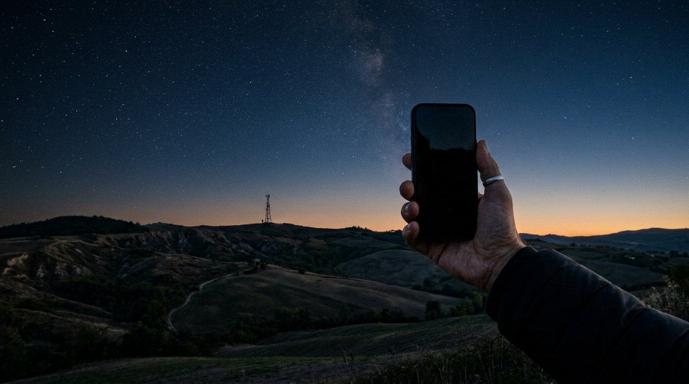Mano che solleva uno smartphone verso il cielo stellato in campagna, con un traliccio all'orizzonte: i limiti del direct-to-cell secondo il CFO di T-Mobile