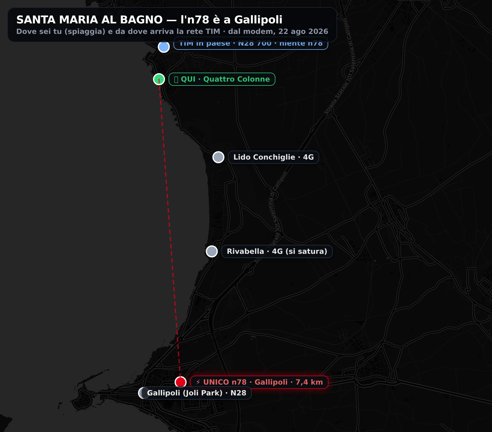 Mappa: la posizione a Quattro Colonne e i siti TIM; unico n78 a Gallipoli 7,4 km