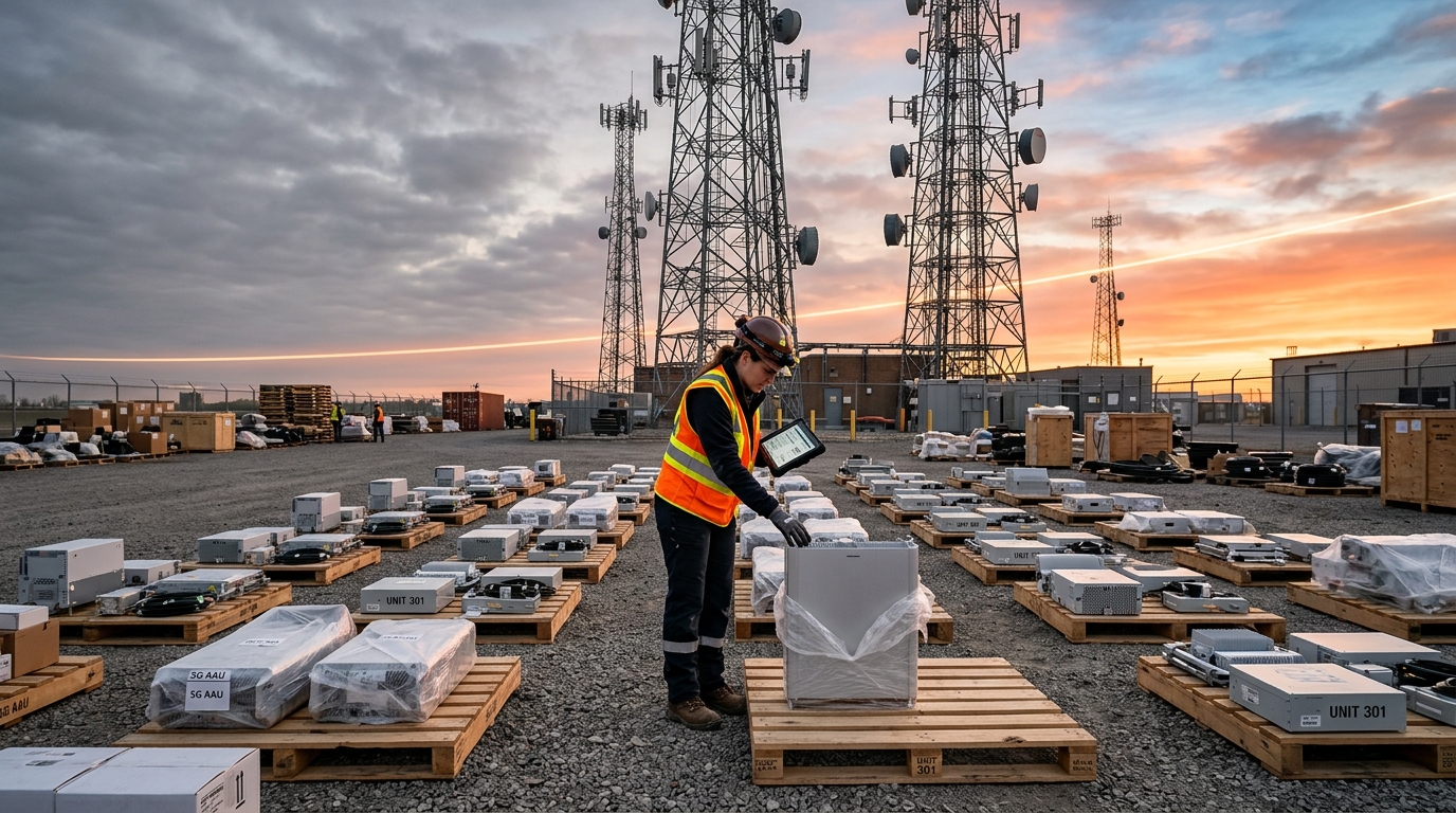 Piazzale con radio e antenne 5G su pallet e tecnica al lavoro sotto i tralicci all'alba: il mercato RAN torna a crescere nel Q2 2026