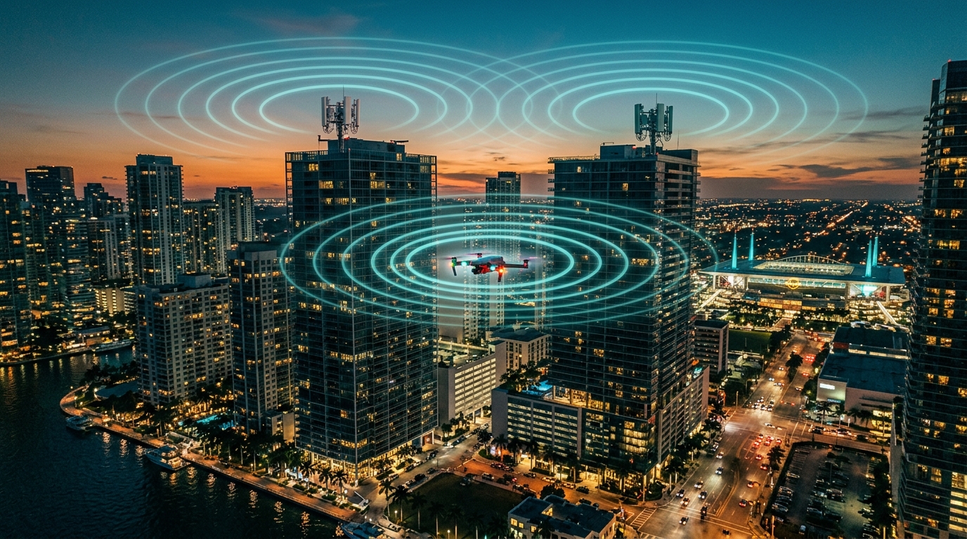Drone intercettato dalle onde radio delle antenne 5G sopra i grattacieli di Miami: il sistema anti-drone NetSense di Lockheed Martin e Verizon