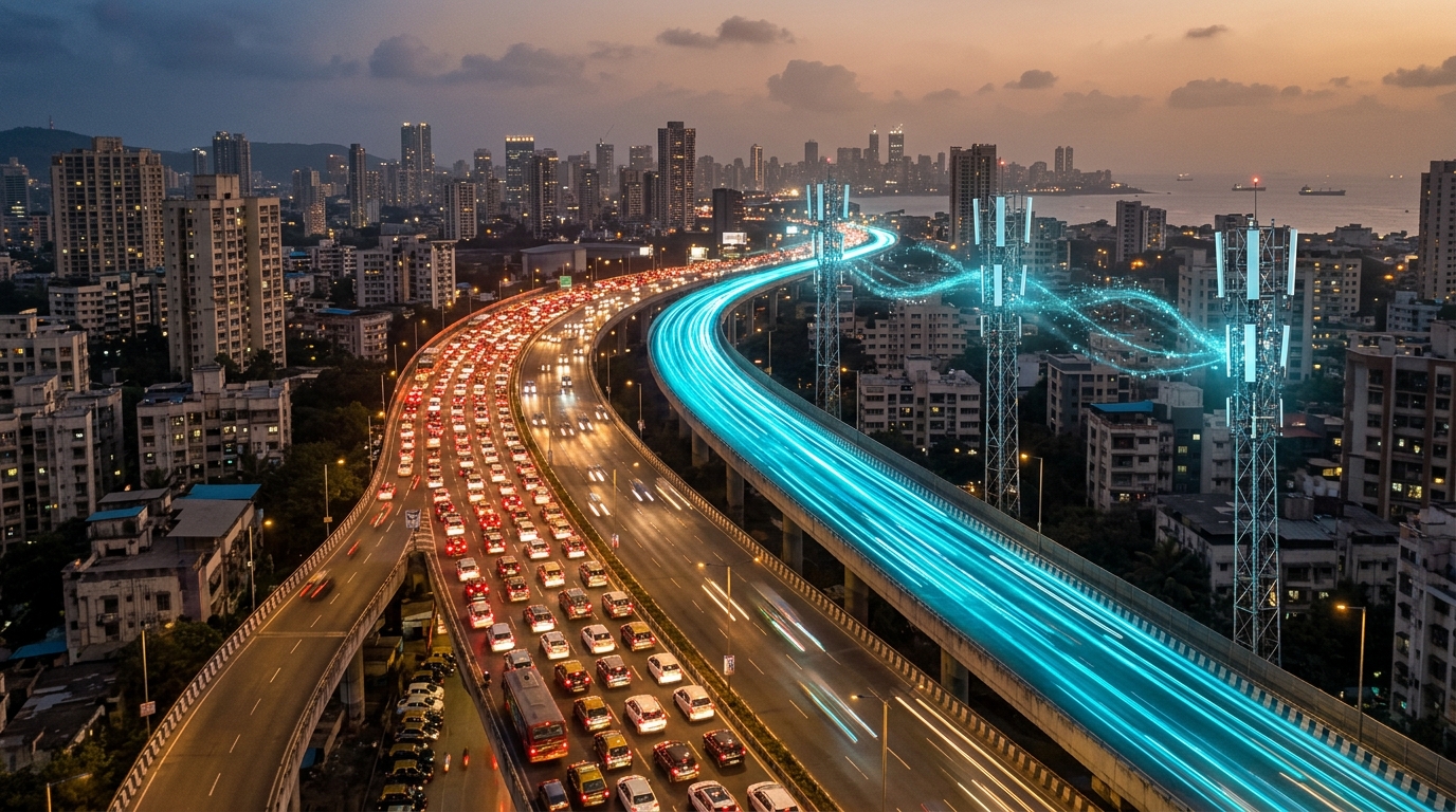 Autostrada indiana al tramonto con una corsia luminosa separata dal traffico congestionato e torri 5G: la corsia veloce del network slicing 5G