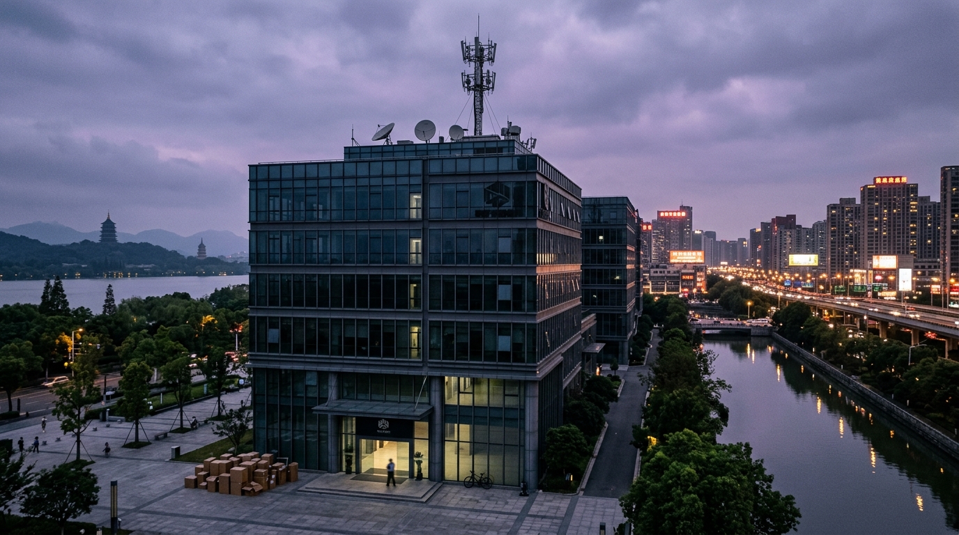 Palazzo uffici con antenna sul tetto che si spegne al crepuscolo a Hangzhou, scatoloni all'ingresso: Nokia chiude la R&D in Cina