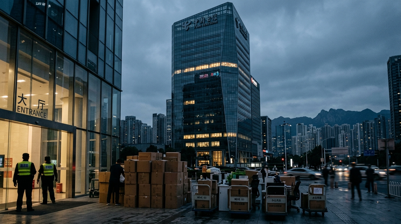 Grattacielo di vetro di un'azienda di reti mobili in una citta cinese al tramonto, uffici quasi spenti e scatoloni per il trasloco all'ingresso: il ritiro di Nokia dalla Cina