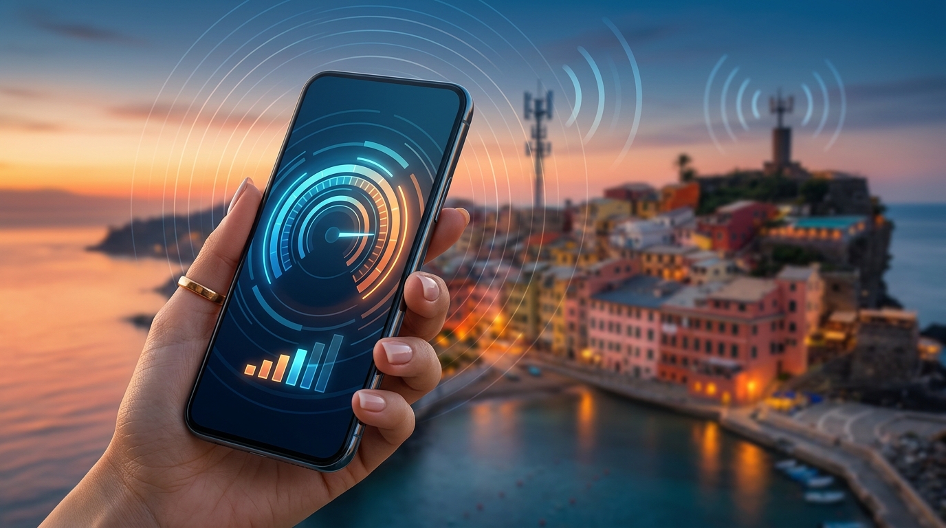 Smartphone con indicatore di velocità della rete su una località costiera italiana al tramonto e antenne 5G: intervista Ookla sulle reti mobili in Italia