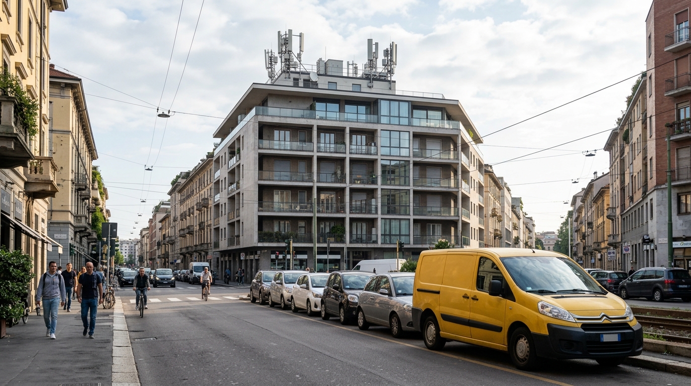 Furgone postale giallo in una via di Milano con una BTS sul tetto di un palazzo: l'OPAS di Poste su TIM al conto alla rovescia