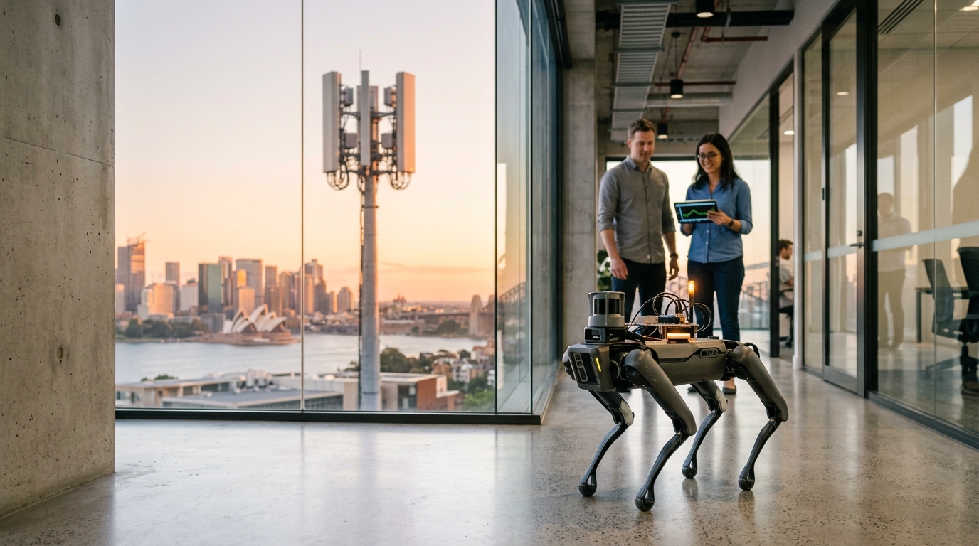 Cane robot con modulo di misura del segnale nel campus Optus, con antenna massive MIMO upper 6 GHz e skyline di Sydney sullo sfondo