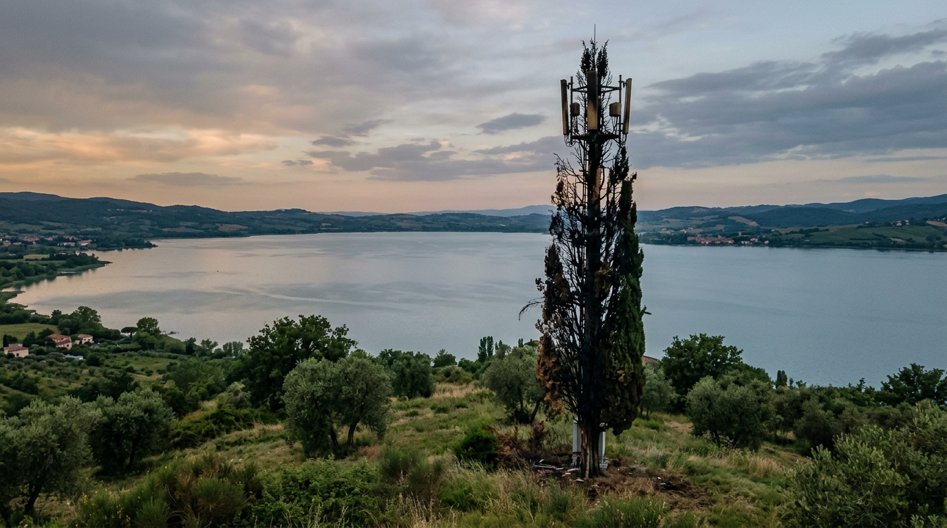 Ripetitore di telefonia mascherato da cipresso, annerito dall'incendio, sul lago Trasimeno a Passignano
