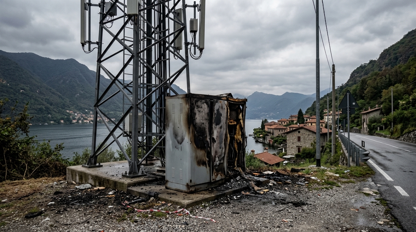Cabina di telecomunicazioni danneggiata dal fuoco alla base di un traliccio di telefonia mobile, sul lungolago del Trasimeno