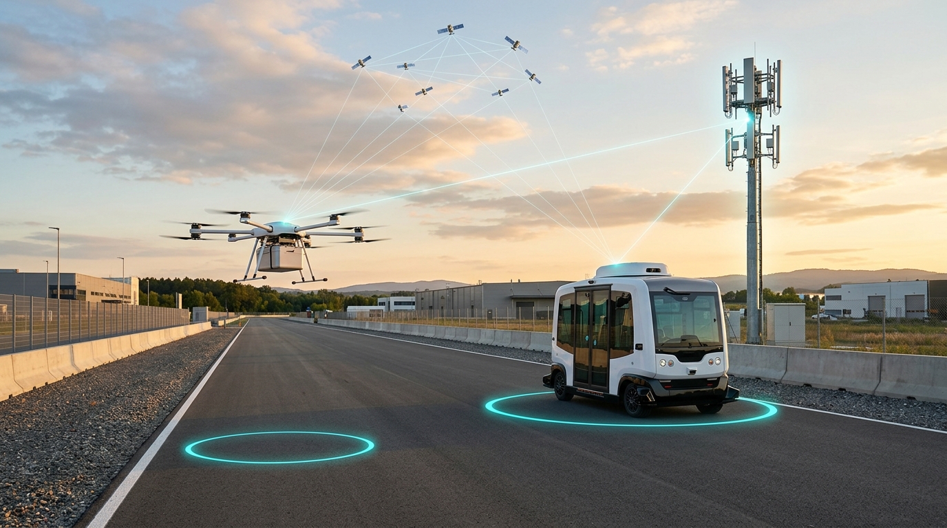 Drone e navetta autonoma con cerchi di precisione al centimetro sotto una torre 5G e satelliti GNSS: il posizionamento 5G RTK di Ericsson e MediaTek