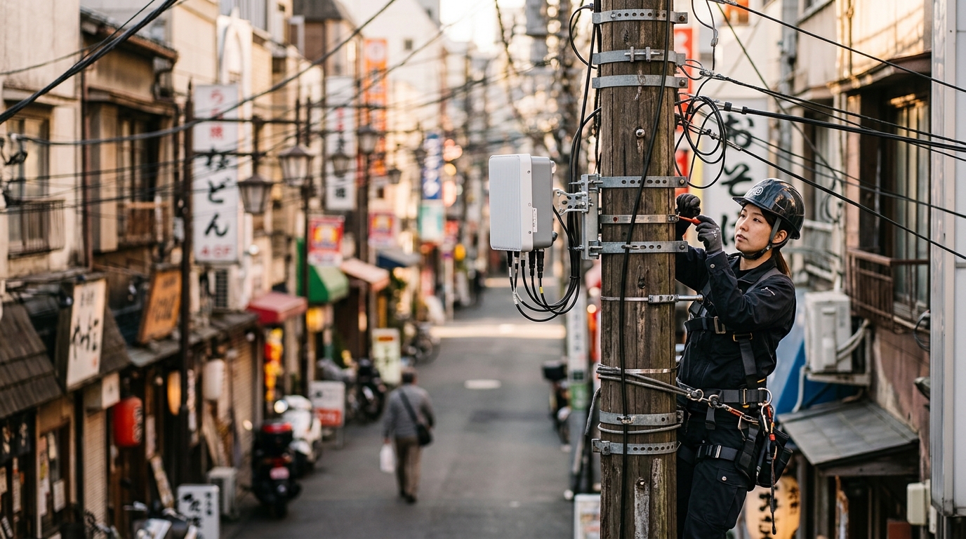 Tecnica installa una small cell su un palo in una strada giapponese, immagine su Rakuten Mobile che costruisce la rete dopo la fine del roaming KDDI