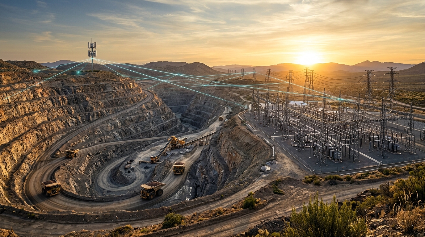 Miniera a cielo aperto e sottostazione elettrica collegate da una rete mobile privata, con antenna e linee di connettività