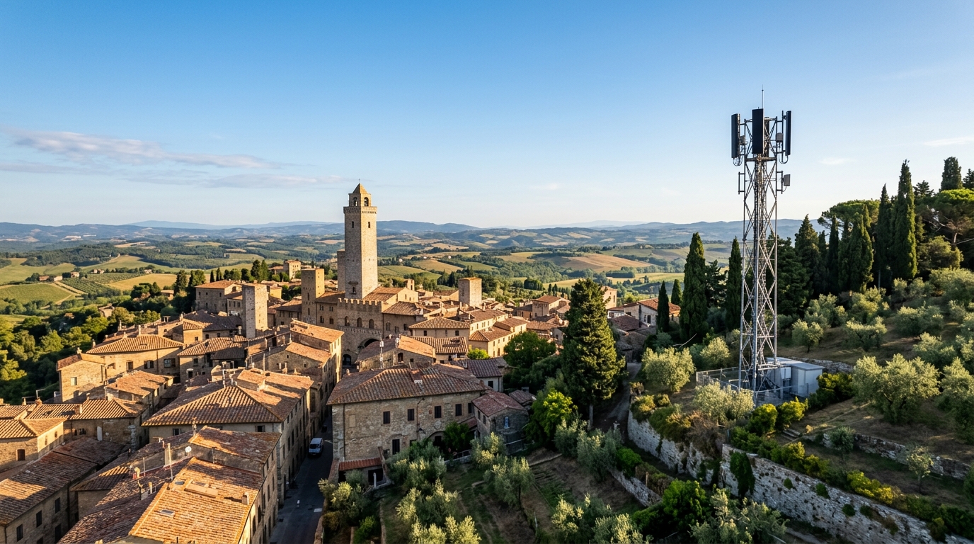 Borgo italiano con campanile e stazione radio base sulla collina: i risultati Iliad Italia del primo semestre 2026 trainano il gruppo