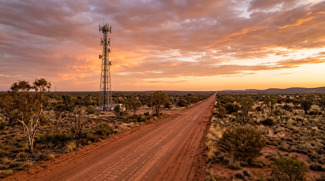 Torre di telecomunicazioni solitaria lungo una strada sterrata nell'outback australiano al tramonto, simbolo del dibattito sul roaming nazionale in Australia