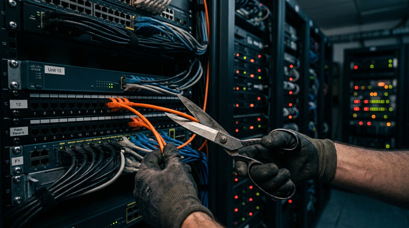 Tecnico taglia con le forbici un cavo di rete in un data center, come fece T-Mobile contro gli hacker Salt Typhoon