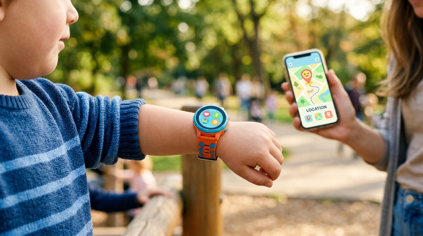 Bambino indossa lo smartwatch SaveFamily Iconic Plus 2 mentre un genitore controlla la posizione dall'app sullo smartphone