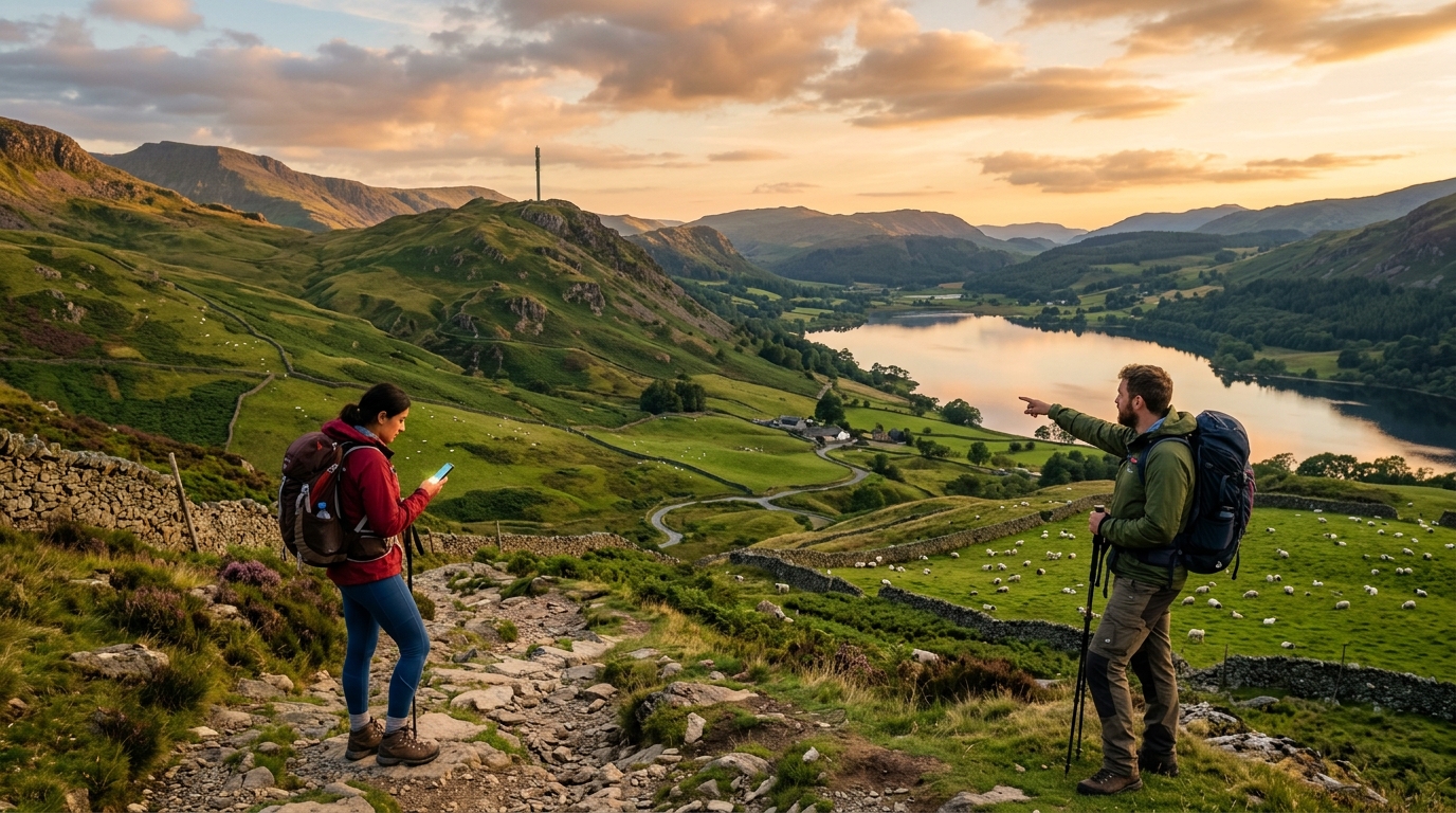Escursionisti controllano lo smartphone tra le colline del Lake District con un traliccio discreto sul crinale: la Shared Rural Network porta il 4G nei luoghi di vacanza britannici