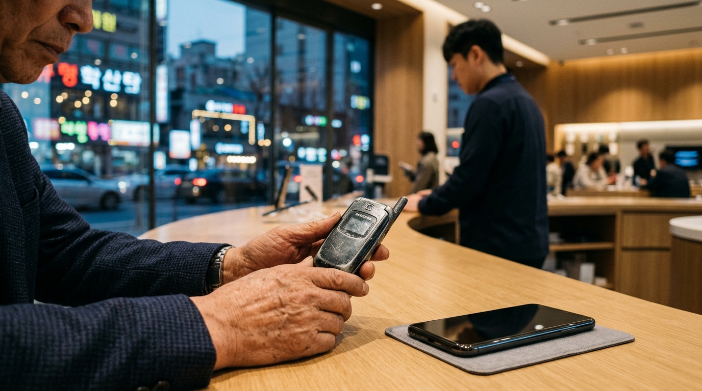 Mani anziane con un vecchio telefono a conchiglia accanto a uno smartphone nuovo in un negozio di Seoul, immagine su SK Telecom che ferma le attivazioni 3G