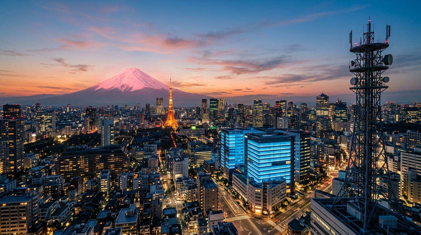 SoftBank trimestrale Q1: skyline di Tokyo al tramonto con data center AI, traliccio 5G e Monte Fuji