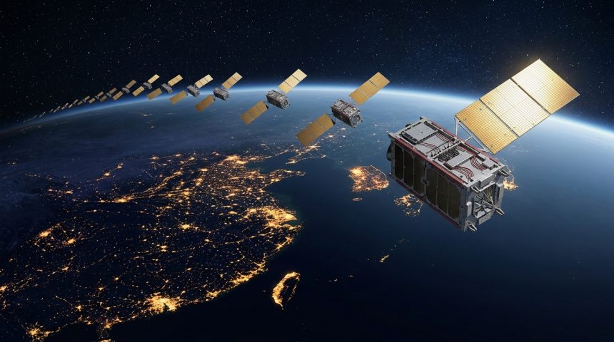 Treno di satelliti a pannello piatto sopra la costa cinese di notte, immagine sul round da 1,94 miliardi di dollari di SpaceSail per la costellazione Qianfan