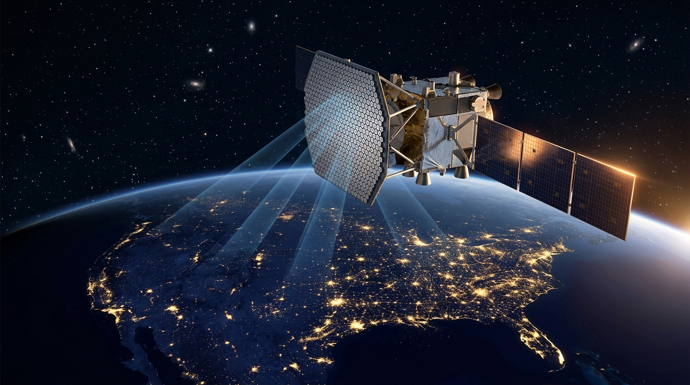 Satellite Starlink in orbita bassa con antenna phased array sopra gli Stati Uniti di notte: lo spettro AWS-3 servira al direct-to-cell di SpaceX