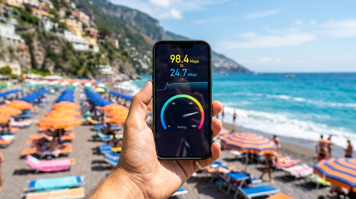Mano che tiene uno smartphone con uno Speedtest in corso su una spiaggia italiana affollata a Ferragosto