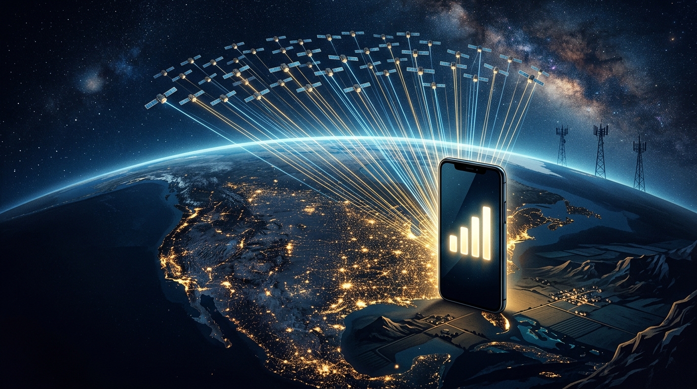 Costellazione di satelliti Starlink che illumina il Nord America notturno e si collega a uno smartphone gigante: Starlink Mobile sfida gli operatori USA