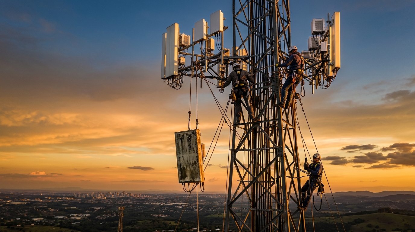 Tecnici calano una vecchia antenna da un traliccio con nuovi pannelli 5G al tramonto, immagine sullo switch-off 3G completato da oltre 100 operatori