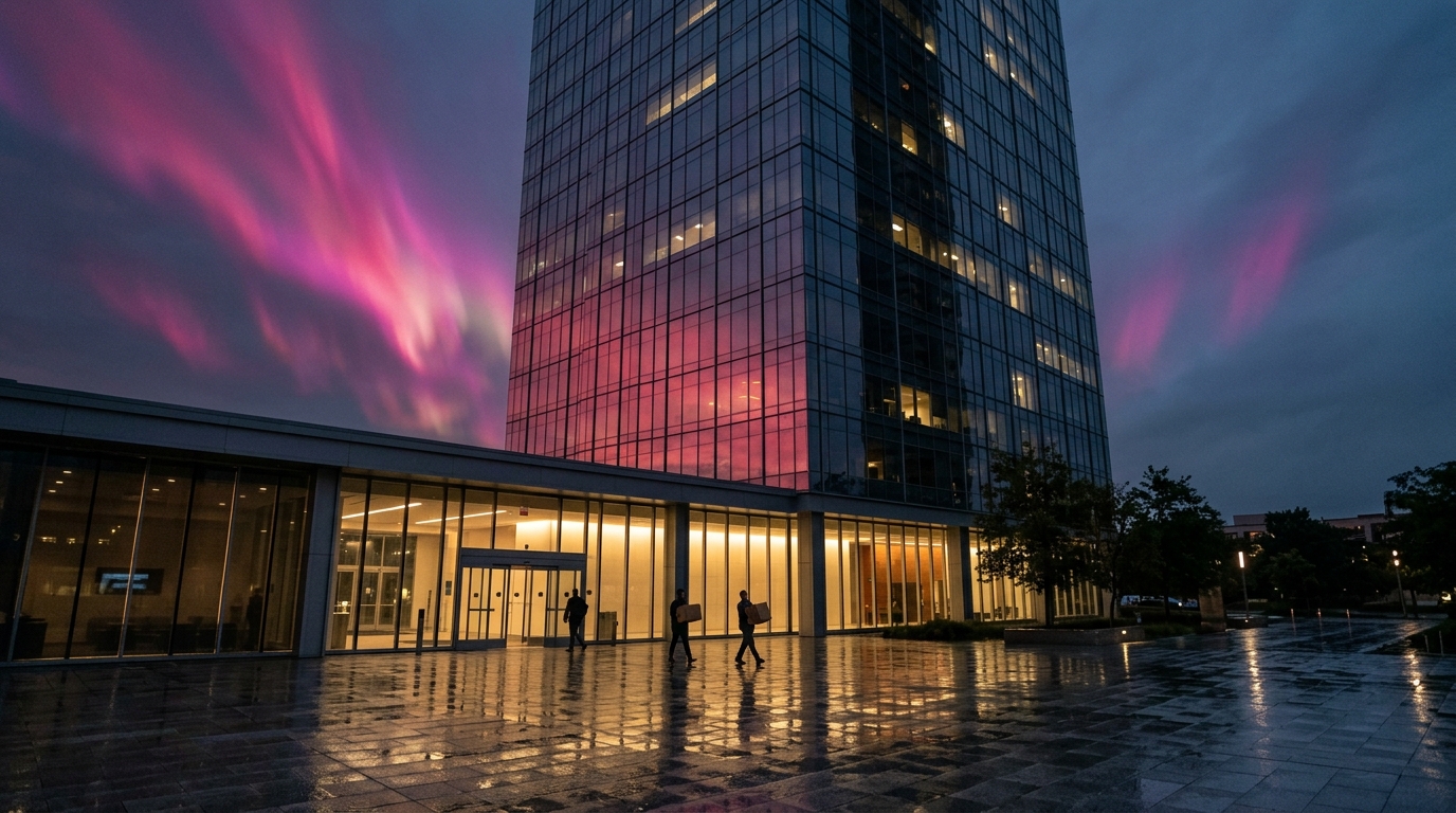 Torre di uffici con bagliore magenta nel cielo e dipendenti che escono con gli scatoloni: i tagli di T-Mobile, oltre 4.500 posti in sei mesi