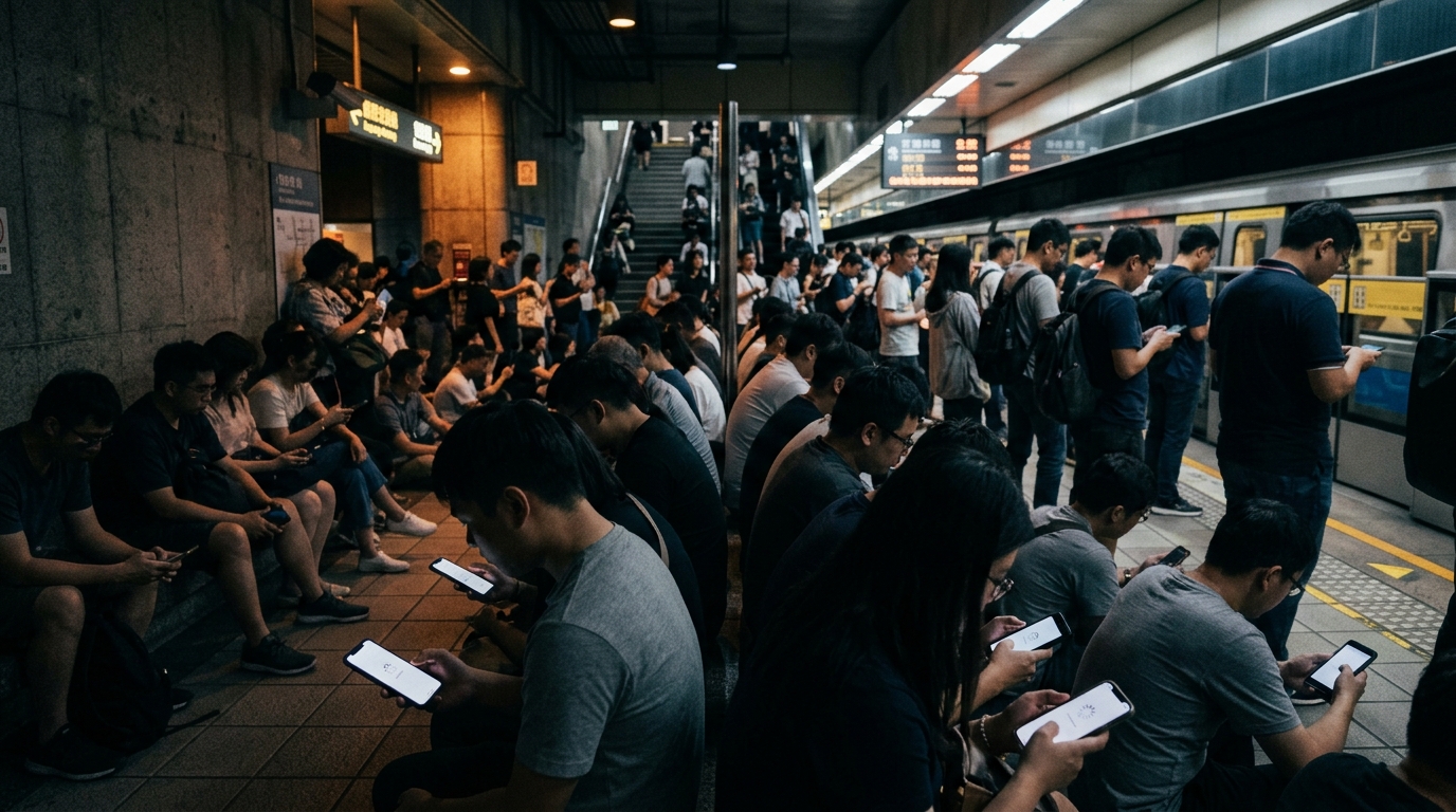 Folla al riparo in una stazione della metro di Taipei con gli smartphone in caricamento durante l'esercitazione che ha rallentato l'internet mobile di Taiwan
