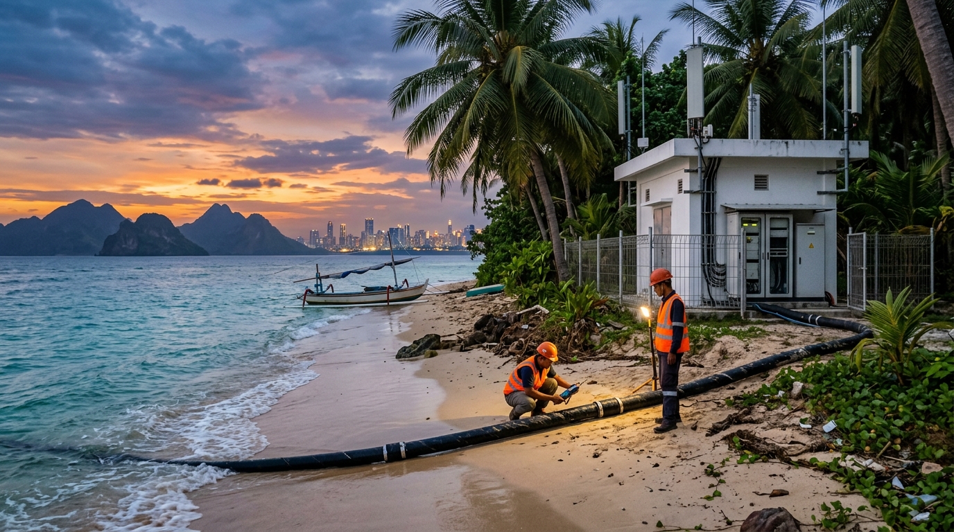 Cavo sottomarino in fibra ottica approda su una spiaggia indonesiana verso la stazione di atterraggio, con isole e metropoli sullo sfondo: lo spinoff InfraNexia di Telkom Indonesia