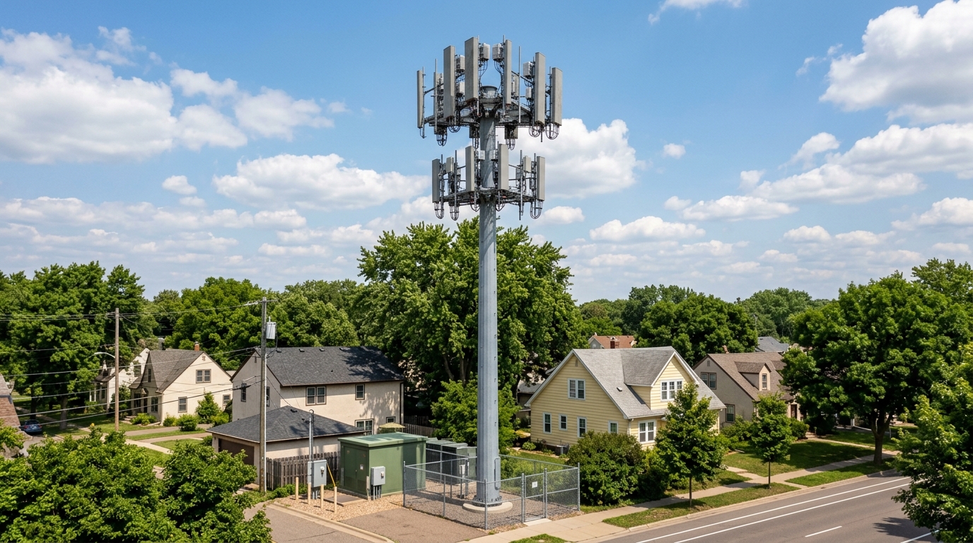 Sito BTS con antenne massive MIMO su monopalo in un quartiere residenziale americano: il test sul 5G standalone di Verizon è stato fatto sotto siti come questo