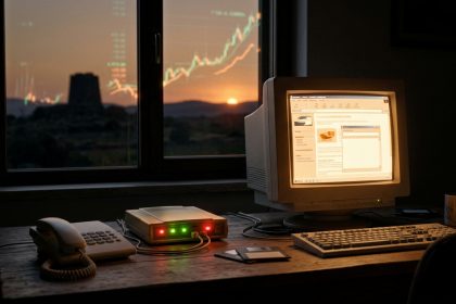 Computer CRT anni '90, modem 56k e telefono al tramonto in Sardegna: la storia di Tiscali e dell'Internet gratis