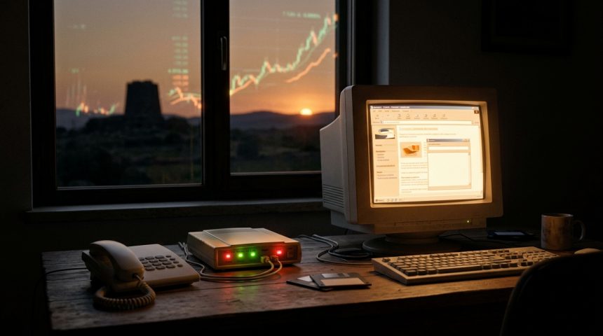 Computer CRT anni '90, modem 56k e telefono al tramonto in Sardegna: la storia di Tiscali e dell'Internet gratis