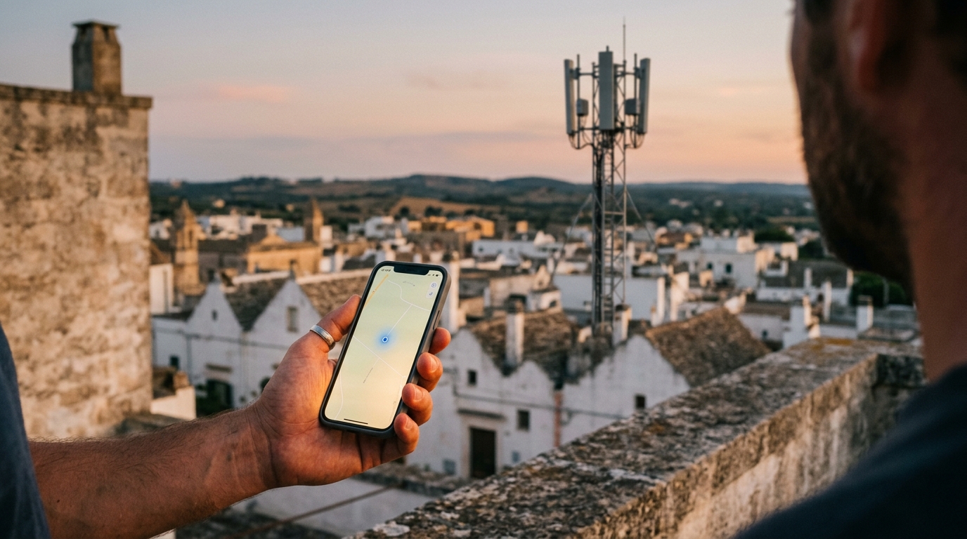 Mano che tiene uno smartphone su una terrazza in Salento, torre di antenne cellulari sullo sfondo al tramonto