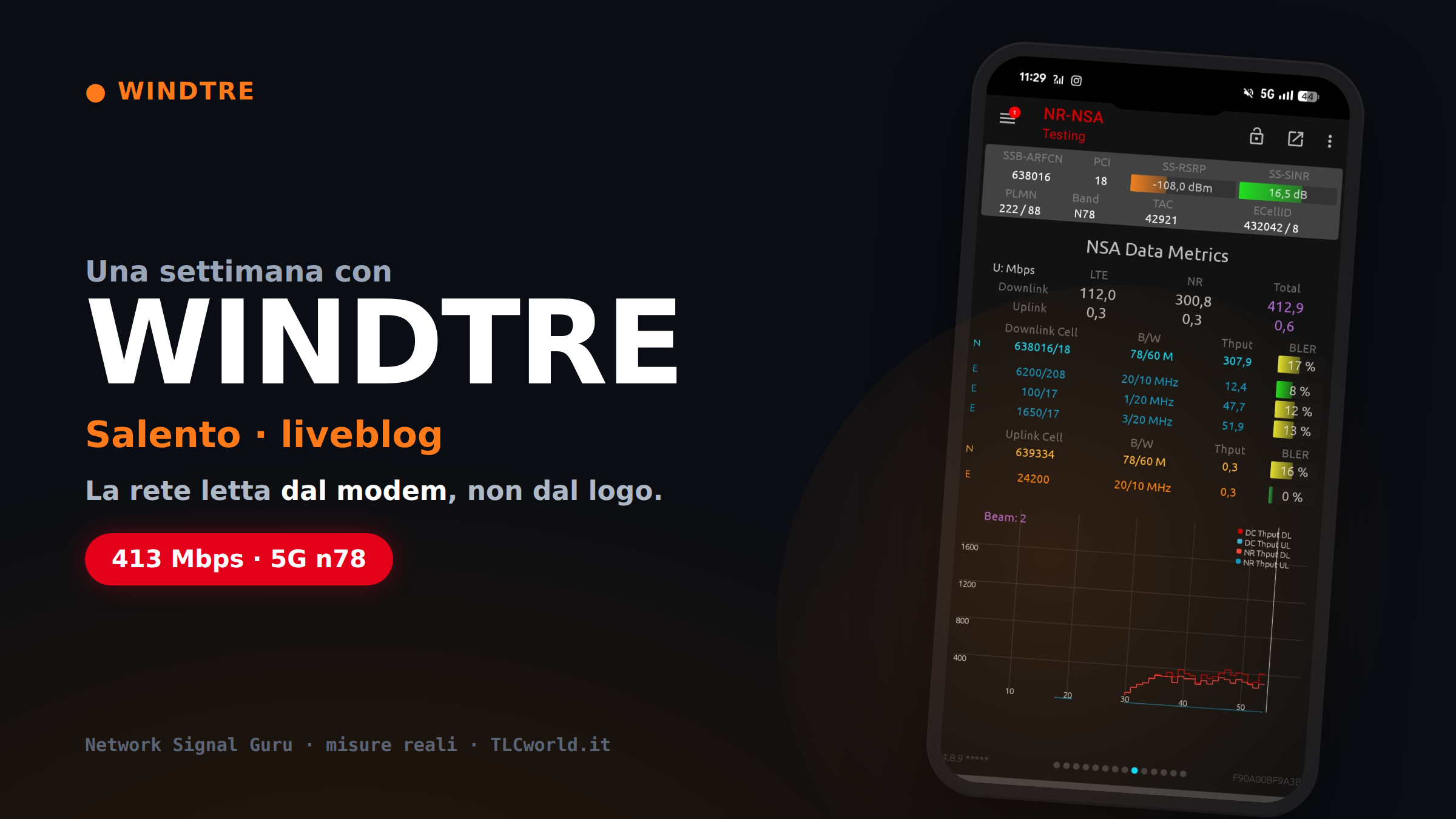 Smartphone con Network Signal Guru: WindTre n78 a Neviano, 413 Mbps in 5G