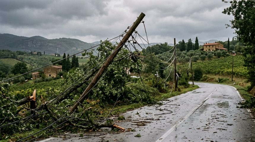 Pali del telefono piegati e cavi aerei strappati dopo la tromba d'aria in Valdinievole