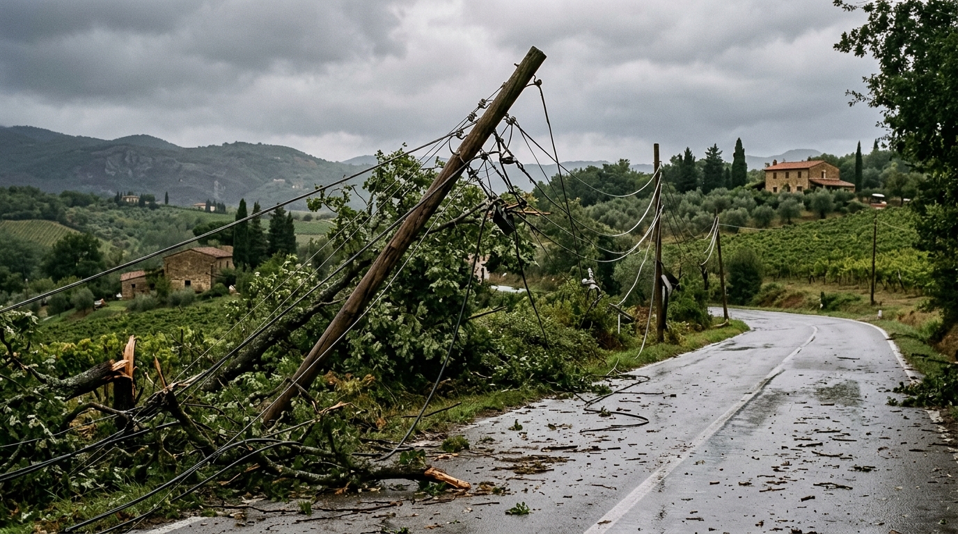 Pali del telefono piegati e cavi aerei strappati dopo la tromba d'aria in Valdinievole