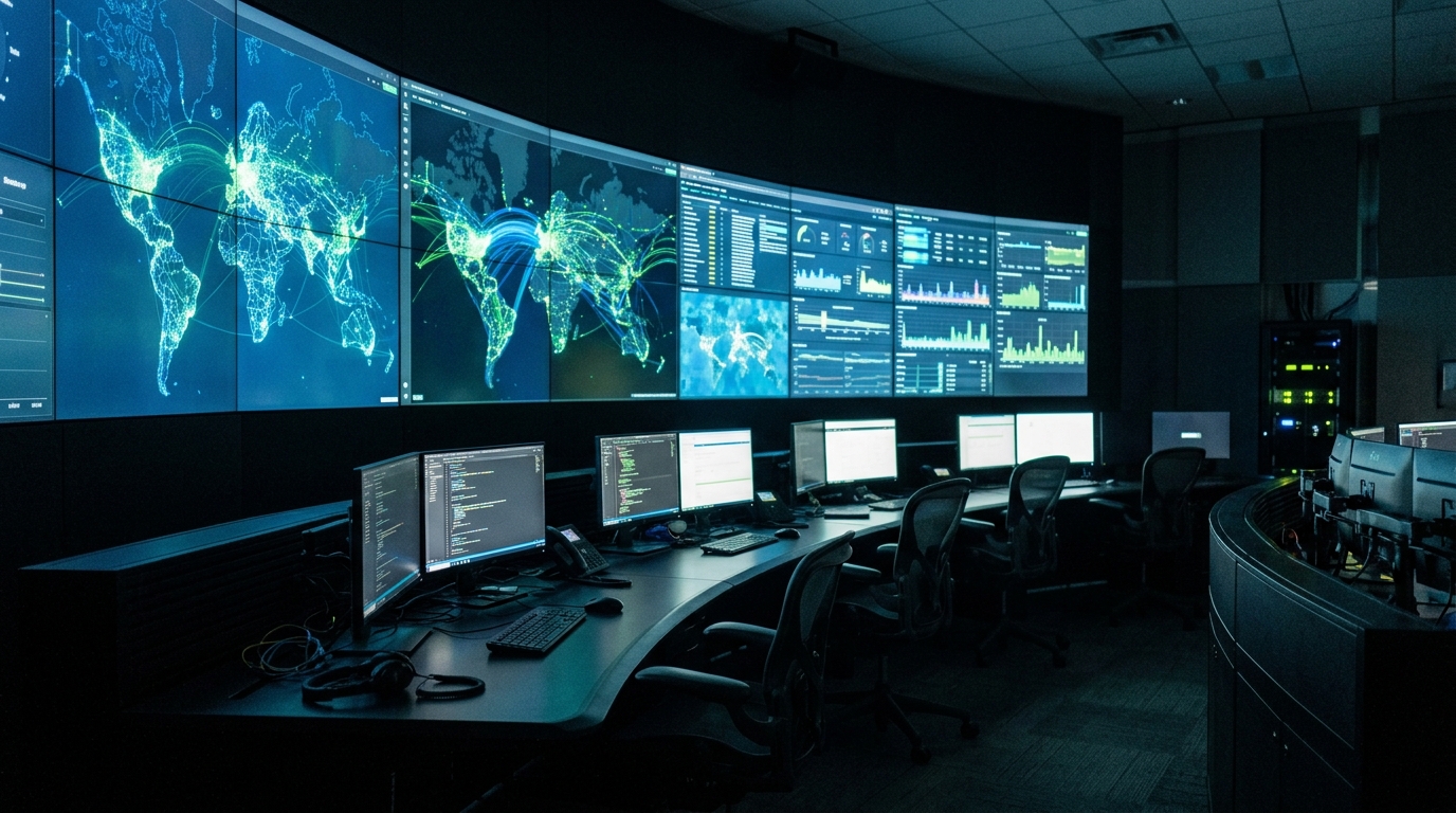 Sala di controllo di rete con maxi-schermi accesi e sedie vuote: con l'accordo Verizon-Google Cloud gli agenti AI operano sulla rete senza umani nel giro