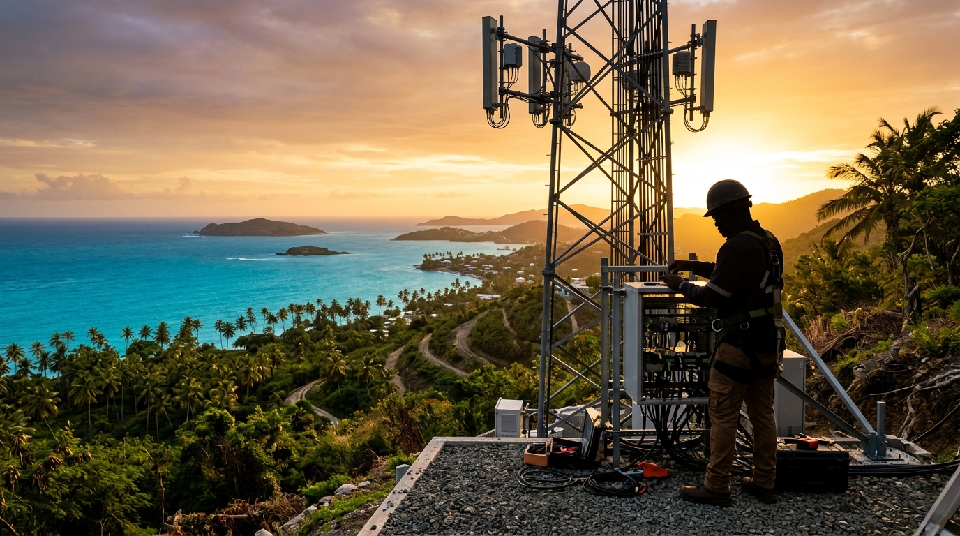 Tecnico al lavoro su una nuova antenna con il mare caraibico sullo sfondo, immagine su Viettel che vince 240 MHz di spettro nella Repubblica Dominicana