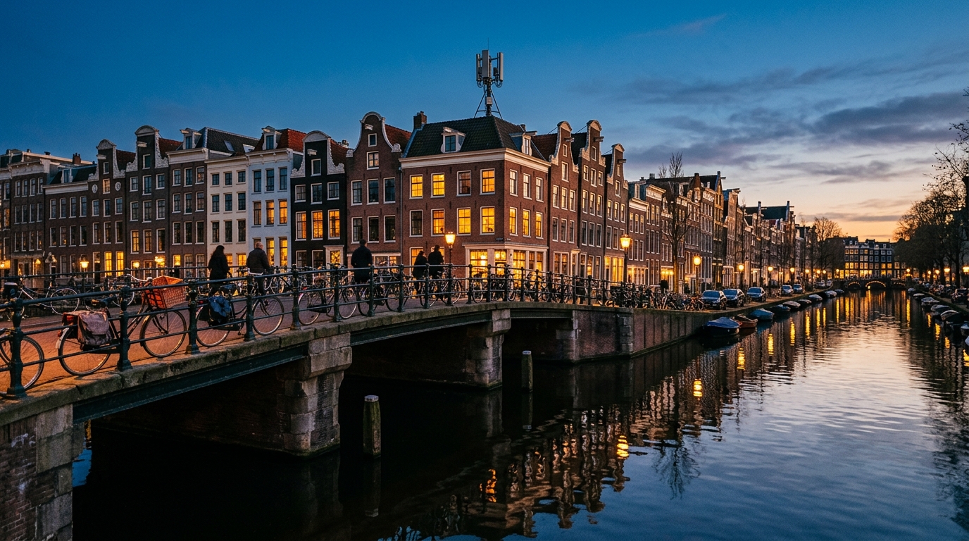 Canale di Amsterdam al crepuscolo con antenna 5G su un tetto: Vodafone esce da VodafoneZiggo e Liberty Global prende il controllo