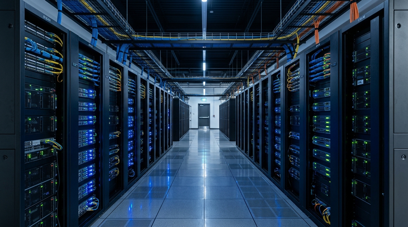 Corridoio di data center con rack di server e cablaggi in fibra ottica: il computing traina i risultati ZTE 2026 con oltre un terzo dei ricavi del semestre