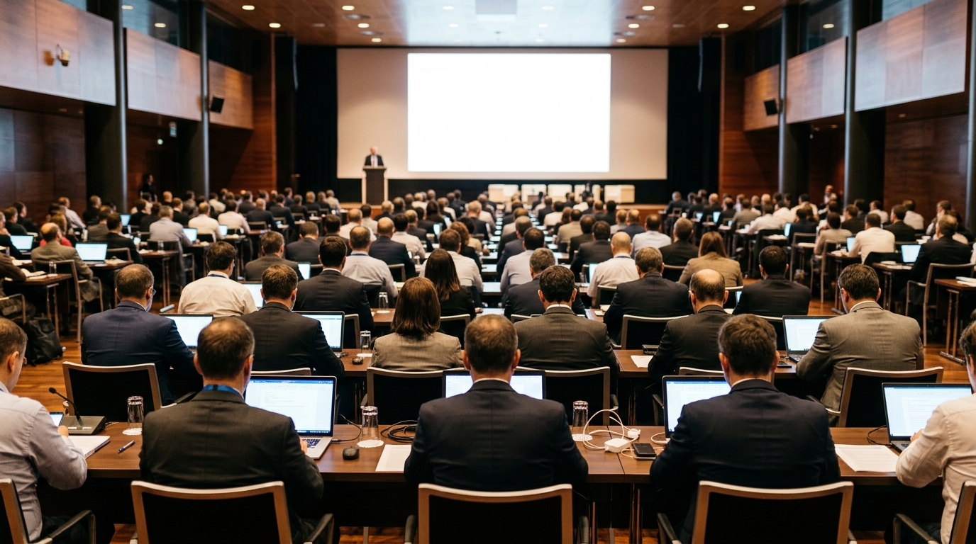 Sala plenaria di una riunione di standardizzazione con delegati ai tavoli e schermo bianco: il 3GPP rinvia la decisione sulla migrazione dal 5G al 6G