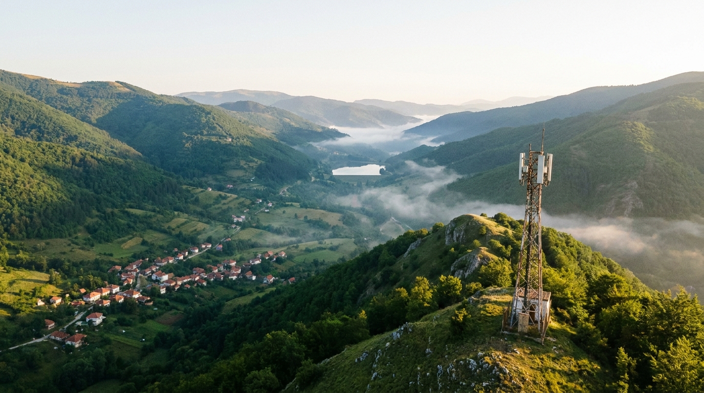 Stazione radio base su un crinale montuoso nei Balcani all'alba: Starlink Mobile di 4iG coprirà le zone montuose e costiere dove la rete terrestre non arriva