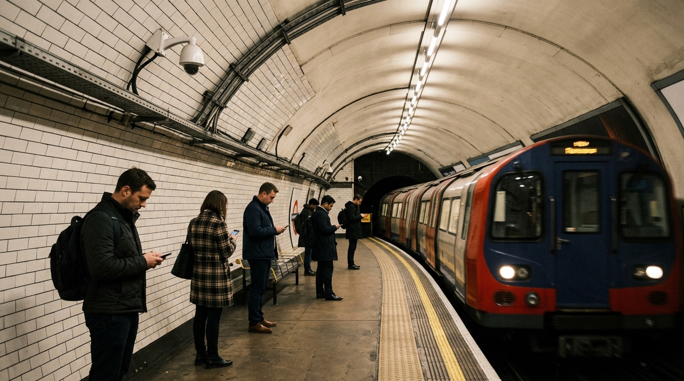Pendolari con lo smartphone in mano sulla banchina di una stazione profonda della metropolitana di Londra mentre arriva il treno: il 5G in metro spiegato da Luke Kehoe di Ookla