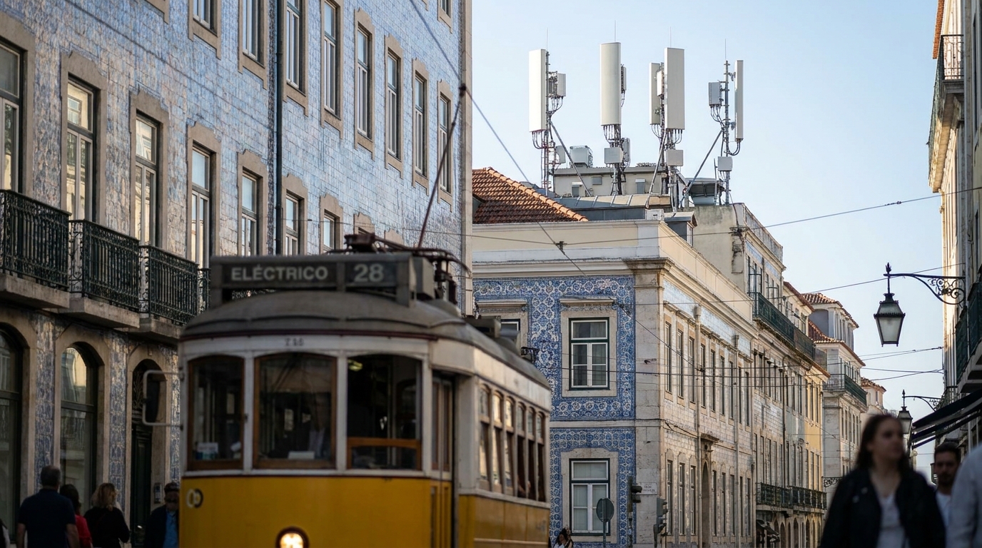5G Portogallo: tram giallo in una via di Lisbona e, sul tetto di un palazzo, una BTS con i pannelli d'antenna 5G; i dati ANACOM contano 16.142 stazioni 5G nel Paese